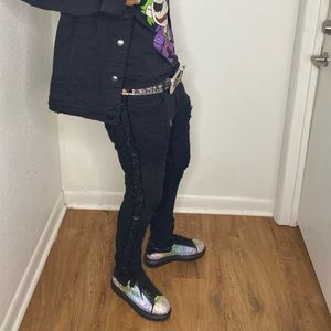 Mens Preme black denim jeans with rhinestones down leg